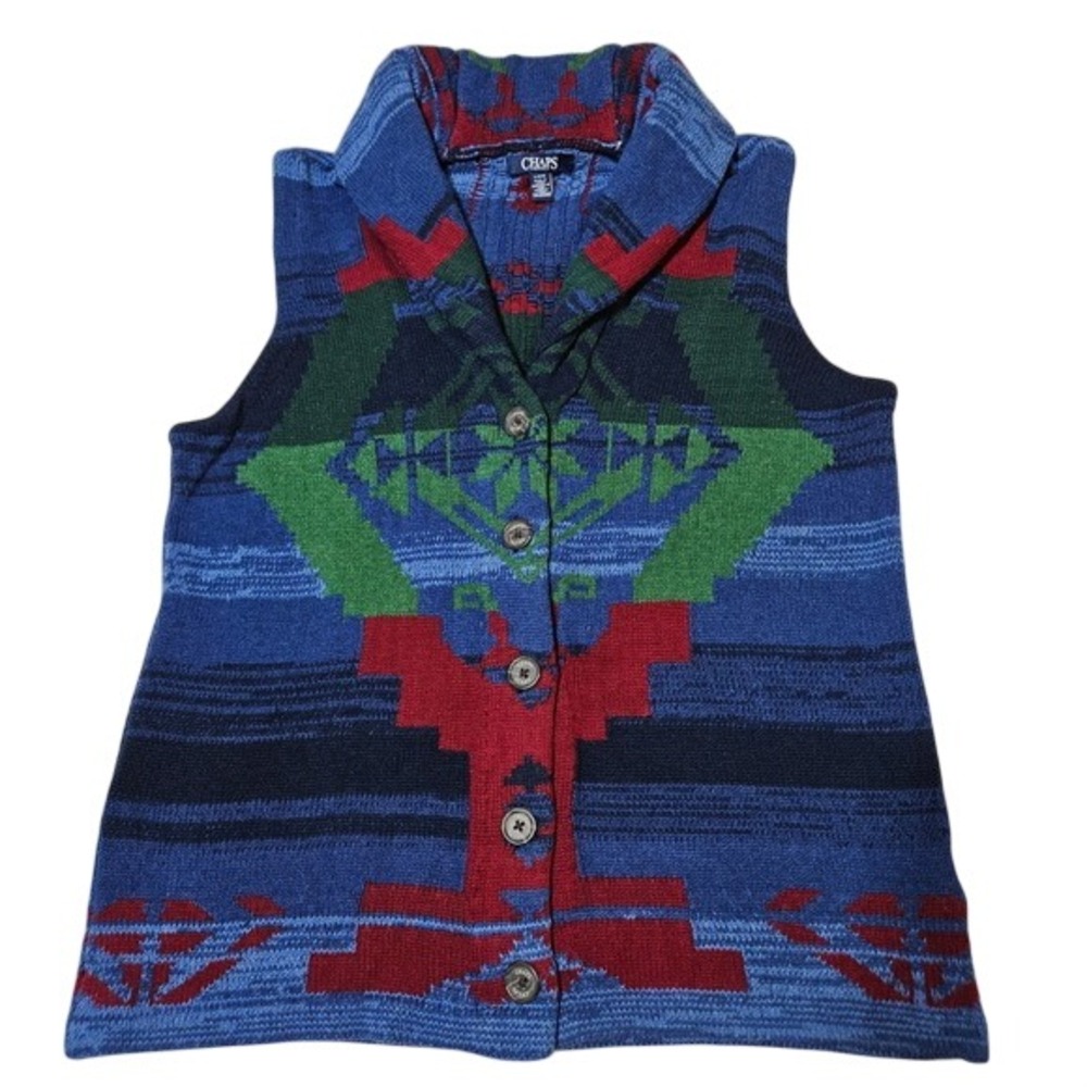 Chaps Blue Southwestern Geometric Knit Button Front Shawl Collar Vest L Cowgirl